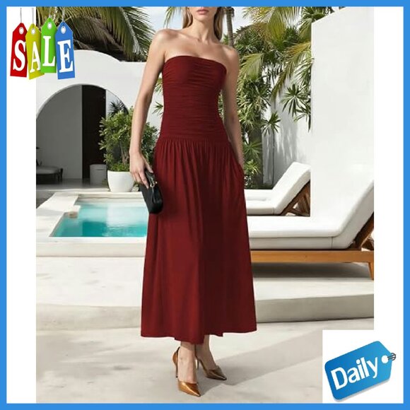 Strapless Ruched High Waist Long Floral Dress Off Shoulder Backless - Picture 7 of 7